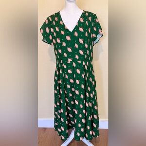 UNIQUE VINTAGE V-Neck Green Fit & Flare Pin Up Fan Print Midi Dress SZ L Stretch